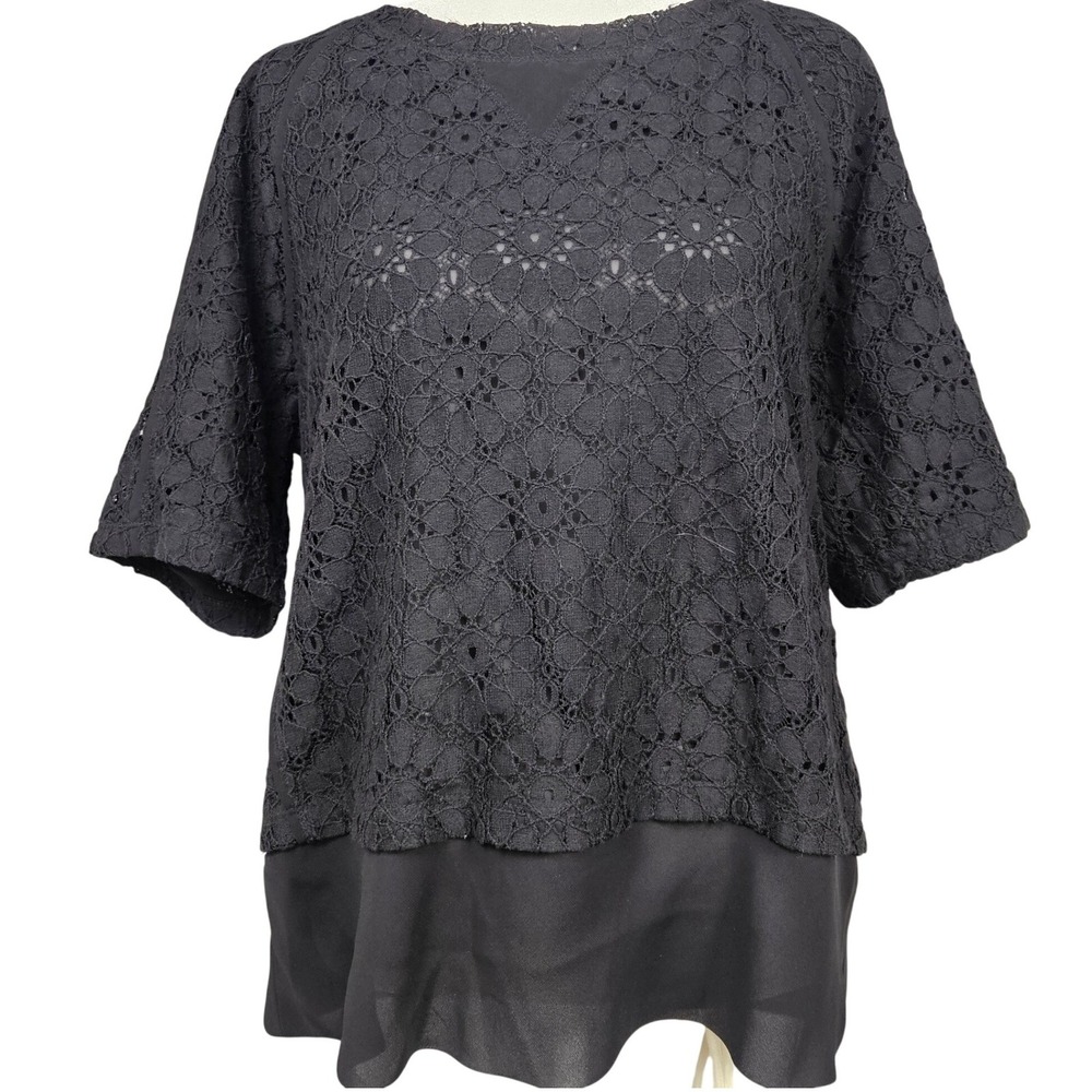 Banana Republic Womens Black Floral Lace Short Sleeve Blouse Exposed Zipper S